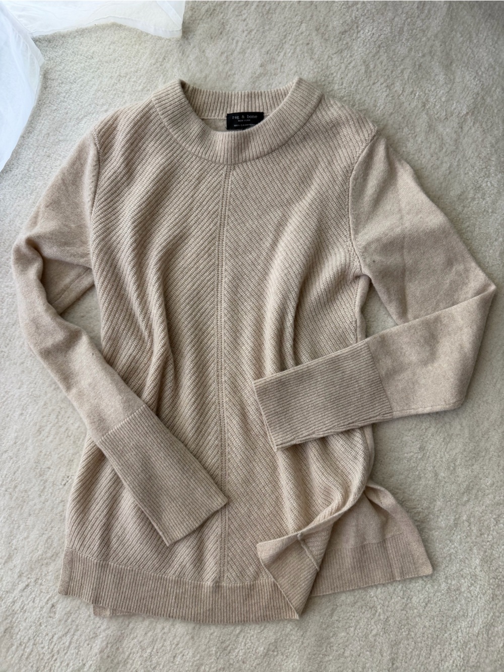 Rag & Bone 100% Cashmere Beige Chevron Rib Crewneck Sweater